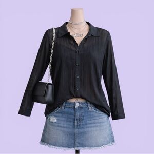 Vintage Y2K Black Sheer Pleated Button Up Blouse Collared Size M Grunge Goth